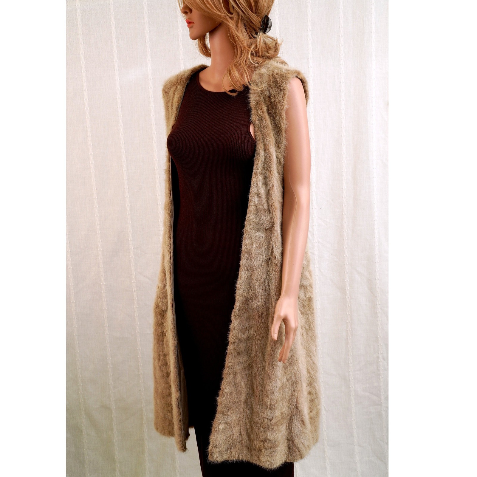 Vintage Tan Longline Faux Fur Vest Sleeveless Open Front Duster Coat